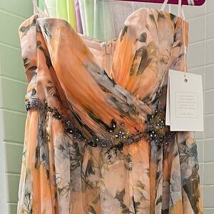 Mac Duggal 68117 Peach Floral Ruffled Asymmetrical Gown Size 12 Maxi Dress NWT